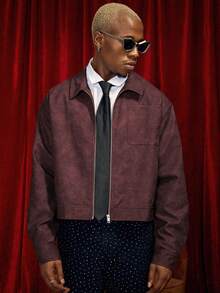 PAVTROS Manfinity Streetrush 男士街头风格流行 INS 搭配男士夹克和外套，男士休闲短款棕色 PU 皮革拉链夹克，秋季，皮夹克，街头服饰，冬季夹克，温暖的冬季服装，圣诞服装，男朋友礼物 - 酒紅色 - 查看 7