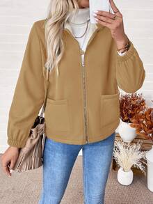 EMERY ROSE 休闲拉链保暖长袖外套，秋冬棕色女式夹克，女士休闲外套，秋季女装，女士西装外套 - 芥末黃 - 查看 3