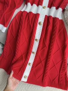 Firerie Vestido de Suéter de Manga Longa com Cintura Marcada Plus Size, Casual - Vermelho e Branco - Visão 4