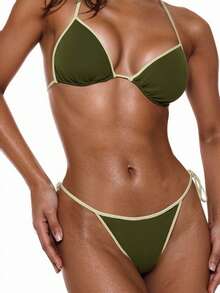 Swim Basics Color-Blocked Edge Detail Two-Piece Bikini Set, Summer Beach - Army Green - View 1