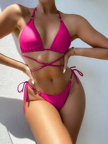 Swim SXY Women's Solid Color Halter Tie Sexy Triangle Cup Low Waist Bikini Swimsuit Set - Hot Pink - View 5