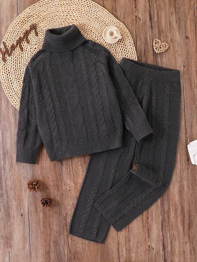 SHEIN Bộ áo len cho bé gái tuổi teen, gồm áo len cổ lọ, áo len dệt kim họa tiết chấm bi và quần len ống đứng, thoải mái khi mặc thường ngày và đơn giản trong mùa thu/đông