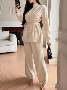 DAZY 2pcs Solid Color Loose Long Sleeve V-Neck Belted Suede Jacket And Wide Leg Pants Casual Elegant Formal Suit, Autumn/Winter - Apricot - View 5