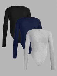 SHEIN EZwear 3 قطع بدلة نسائية أحادية اللون متعددة الاستخدامات للداخل والخارج بألوان متباينة، مناسبة للربيع والخريف - متعدد الألوان - مشاهدة 2