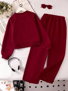 Genkimix Kids Young Girls Fashion Burgundy Round Neck Long Sleeve Top & Wide Leg Letter Print 2-Piece Set, Autumn/Winter - Burgundy - View 2