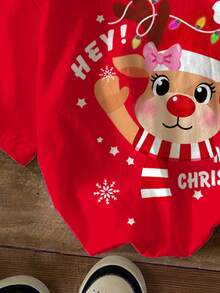 SHEIN Leap Crew Christmas Cute Cartoon Reindeer, Christmas Red Festive, Tween Girls' Casual Minimalist Short Sleeve Crew Neck T-Shirt, Suitable For Summer - Multicolor - View 6