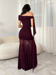 SHEIN Tall 酒红色斜肩褶皱伞裙长连衣裙，优雅大方，适合节日、婚礼、生日、毕业季等场合。 - 酒紅色 - 查看 7