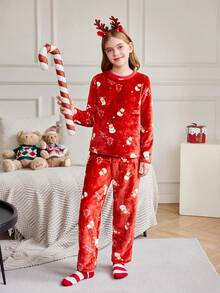 Conjunto de pijama de pantalón y top de manga larga con muñeco de nieve de peluche para niña preadolescente - Multicolor - Ver 4