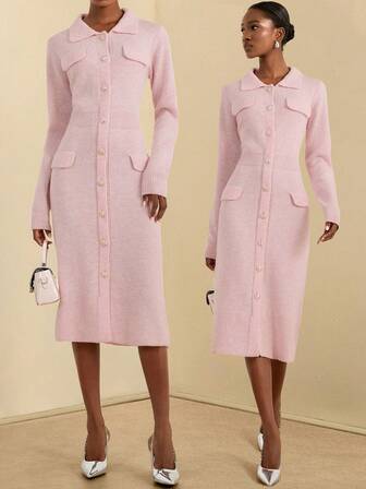 SHEIN Veneréa 女士粉色立领收腰针织连衣裙，配仿珍珠金属纽扣，秋冬款