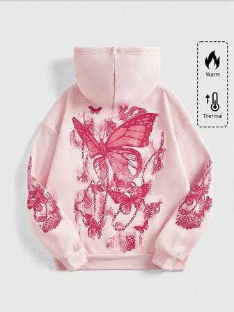 Fairycore Plus Size Women Autumn Butterfly Print Casual Drawstring Hooded Sweatshirt