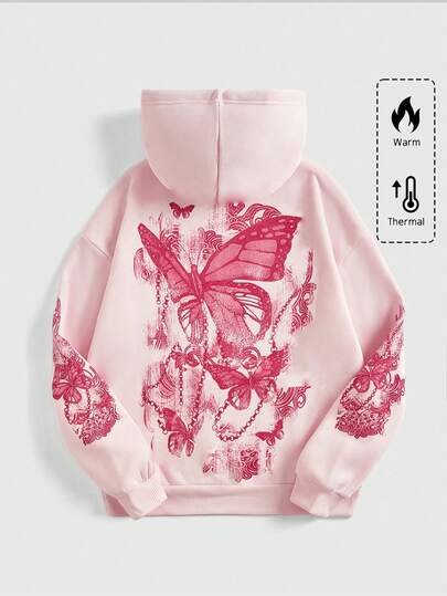 Fairycore Plus Size Women Autumn Butterfly Print Casual Drawstring Hooded Sweatshirt