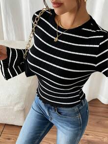 SHEIN Frenchy Striped Print Round Neck Casual Fitted Long Sleeve T-Shirt Black Spring - Black - View 6
