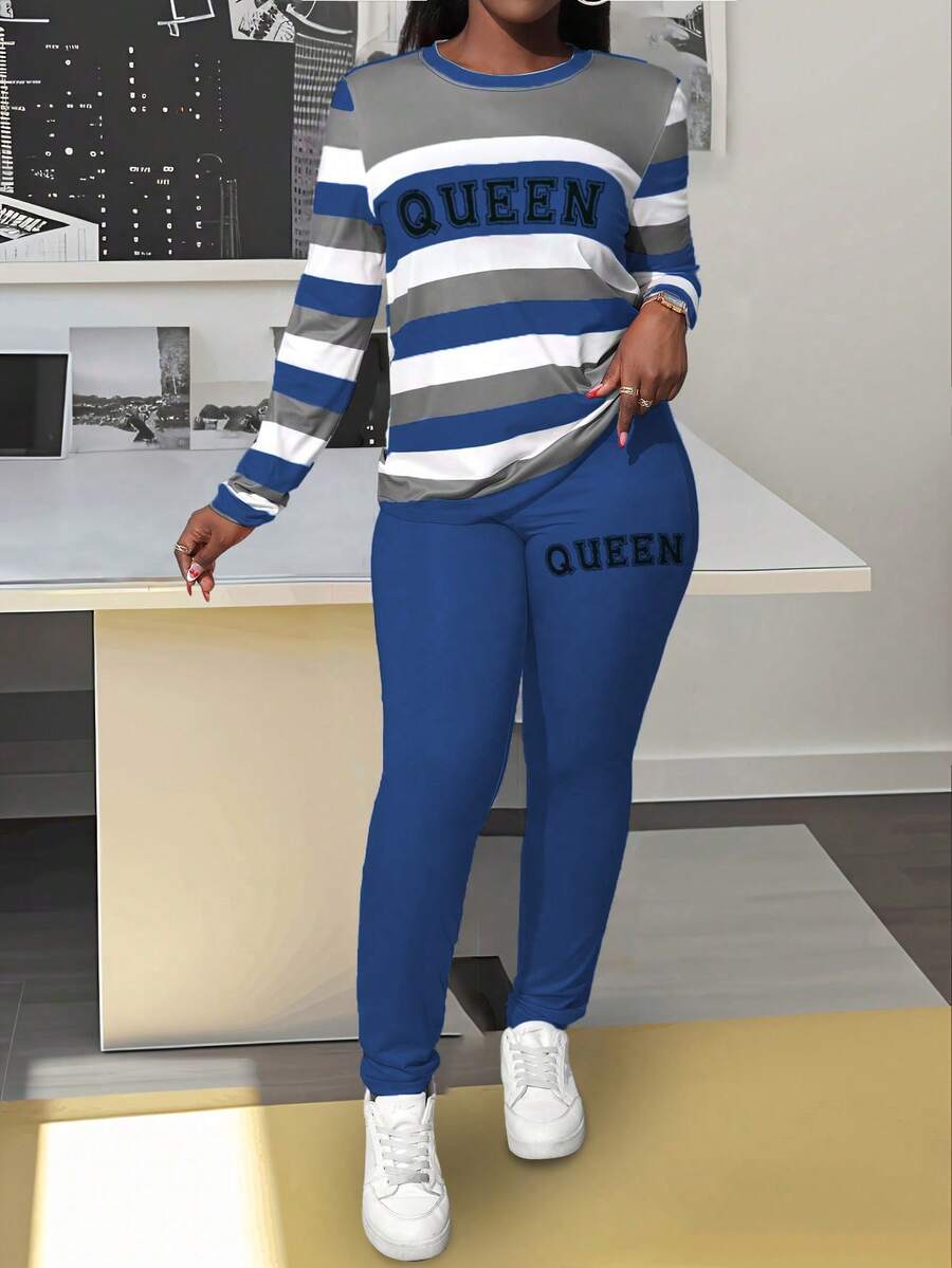 Zolique Women's Striped Round Neck Print Long Sleeve Top And Pants 2 Pieces Set, Autumn - Multicolor - View 1