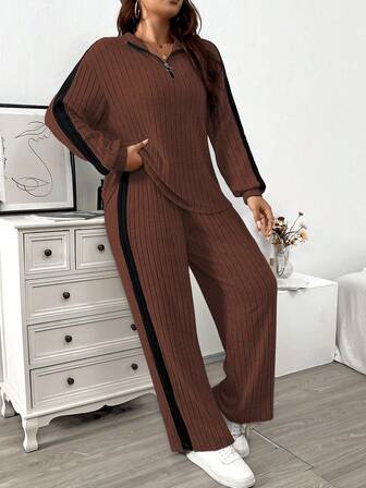 EMERY ROSE Plus Size Zip Collar Soft Knit Ribbed Fabric Side Color Block Lantern Sleeve T-Shirt + Ribbed Fabric Side Color Block Wide Leg Pants Casual Homewear 2 Piece Set