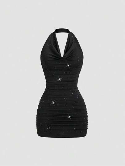 SHEIN Tall Ruched Neck Backless Waist Pleated Shiny Black Mini Bodycon Party Dress For Petite Women, Suitable For Graduation, Independence Day, Everyday Wear, Autumn/Winter