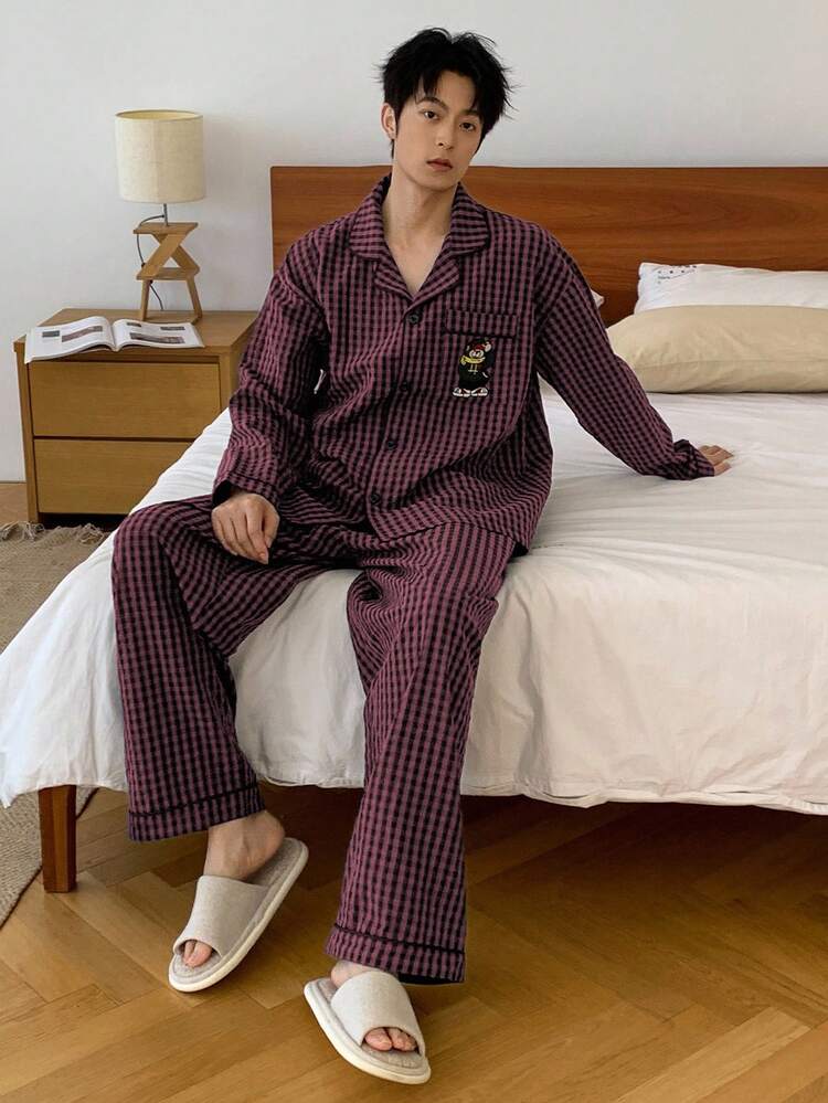 Men's Autumn Bear Embroidery Plaid Shirt And Pants Pajama Set