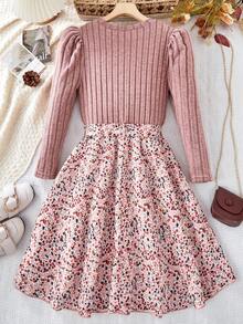 SHEIN 1 件 Tween Girl 圆领长袖罗纹针织面料花朵下摆拼布连衣裙，甜美淑女风格，适合秋季 - 粉色 - 查看 2