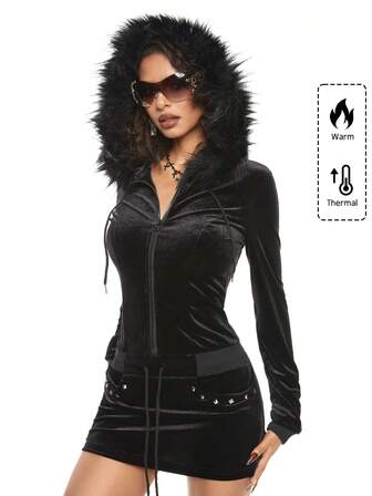 Grunge Punk Y2K Harajuku Chic Women Kpop Short Velvet Bodycon Mini Dress Hood, Drawstring, Zipper Closure
