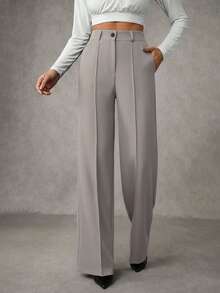 EURMUSE Women's Solid Pleated Seam Detailed Suit Pants - Light Grey - View 1