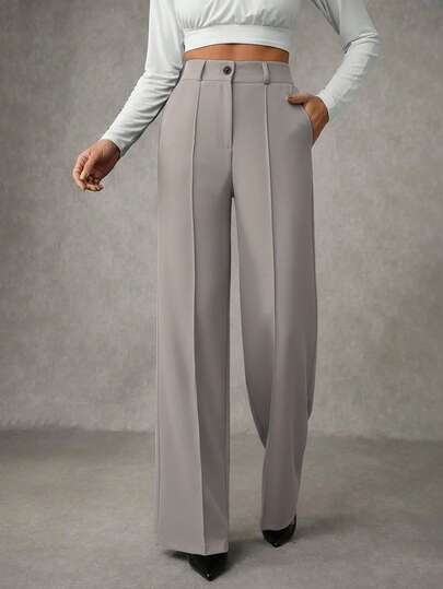 EURMUSE Women's Solid Pleated Seam Detailed Suit Pants