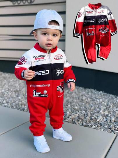 TaviRue 新生男宝宝可爱拼接摩托车字母印花长袖连体衣，秋冬季