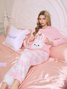Set pigiama da donna in pile spesso, con motivo a coniglio e pantaloni a righe, adatto per il tempo libero e il sonno, set pigiama comodo e morbido, set pigiama da donna rosa con coniglietti