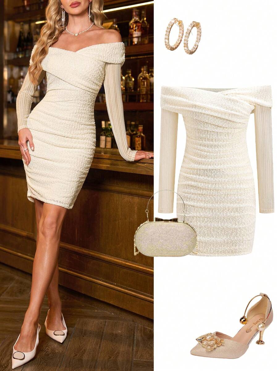 Ellevyn 女士杏色露肩长袖修身针织连衣裙，弹性面料，优雅百搭，适合日常穿着、派对以及秋冬季节。 - 杏色 - 查看 1