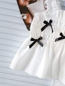 Genkimix Kids Set de bluză cu volane și fundă neagră pentru fetițe, cu pantaloni evazați texturați negri - Alb-negru - Vizualizare 5