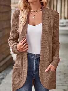 SHEIN LUNE Chaqueta ligera de mujer casual con bolsillos laterales, de punto acanalado y con forro suave, de apertura frontal - Caqui - Ver 3