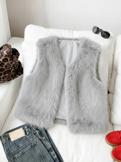 Genkimix Kids 少女休闲时尚简约纯色仿皮草无袖背心，秋冬季