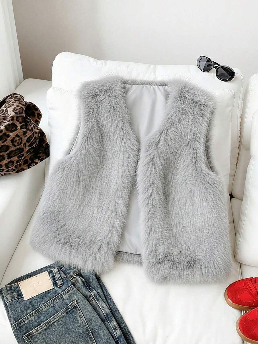 Genkimix Kids 少女休闲时尚简约纯色仿皮草无袖背心，秋冬季 - 灰色 - 查看 1