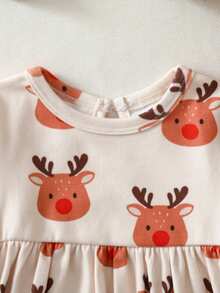 Cute All White Newborn Baby Girl Floral Print Knit Soft Round Neck Long Sleeve Cinched Waist Dress,Thermal Lined Christmas Cozy Pixies Spring Infant - Apricot - View 5