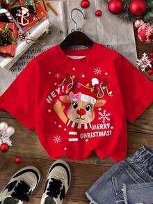 SHEIN Leap Crew Christmas Cute Cartoon Reindeer, Christmas Red Festive, Tween Girls' Casual Minimalist Short Sleeve Crew Neck T-Shirt, Suitable For Summer - Multicolor - View 2