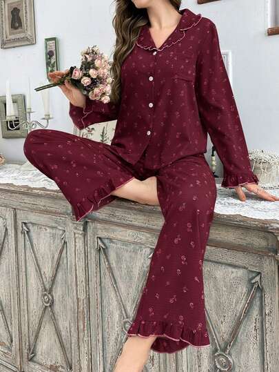 CottageSlumber Women's Floral Bubble Ruffle Collar Cardigan And Pants Pajama Set, Fall & Winter Clothes