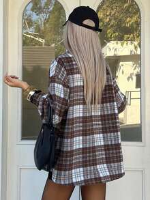 DAZY Contrast Plaid Loose Retro Long Sleeve Pocket Lapel Casual Street Overcoat For Women, Autumn/Winter - Mocha Brown - View 2