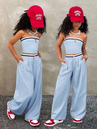 Coolane Kids Conjunto de 2 piezas para niñas preadolescentes, top bandeau y pantalones con contraste de colores, para primavera/verano