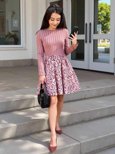 Firerie Kids Vestido informal de niña preadolescente de punto rosa con parches y estampado floral diminuto, con cintura ceñida, elegante y versátil, lindo y dulce