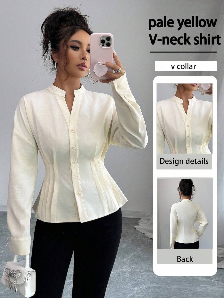 SHEIN Clasi Women's Elegant Small V-Neck Striped Flared Waist Blouse In Soft Yellow, Suitable For Autumn/Winter, New Year, Thanksgiving, Christmas - Light Yellow - View 1