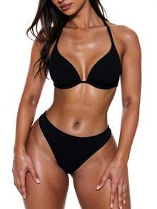 Swim Basics Women's Solid Color Halter Tie Sexy Bikini Swimsuit Set, Summer Beach