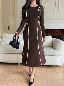 DAZY Women's Elegant Color Block Patchwork Sweater Dress, Autumn/Winter - Brown - View 4