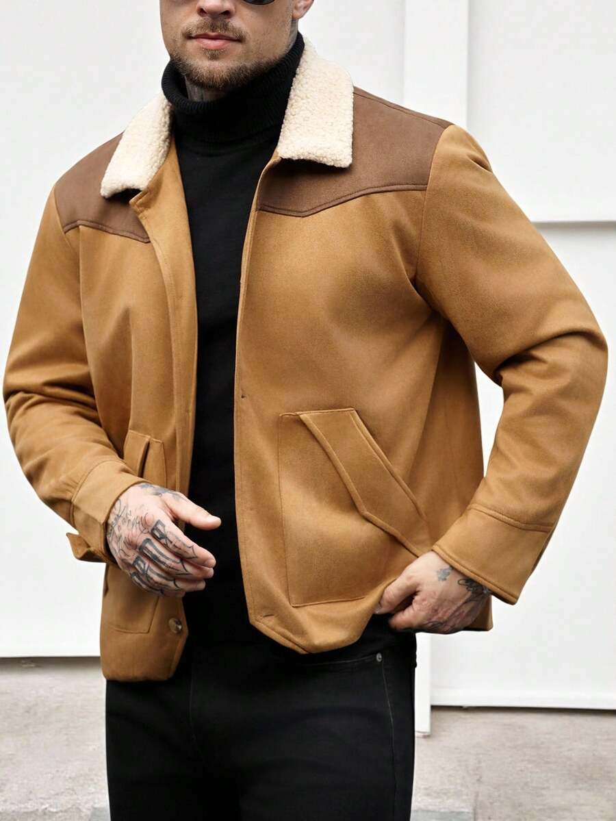 OTTIMOZO Manfinity Homme 男士长袖成熟休闲驼色棕色绒面羊羔绒领纽扣夹克，适合派对、万圣节、圣诞节、新年、日常街头出行等场合，也是送给男友/丈夫周年纪念日的完美礼物，秋冬季必备。 - 彩色 - 查看 1