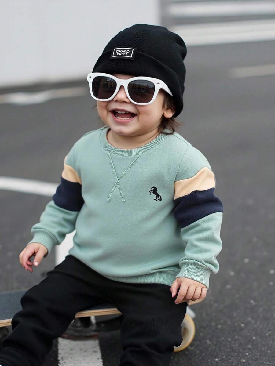 Kids Young Boys Thermal Lined Thick Color Block Patchwork Contrast Color Loose Fit Drop Shoulder Pullover Autumn Sweatshirt, Suitable For Winter - Mint Green - View 1