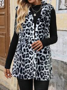 SHEIN Clasi Women's Front Open Hooded Leopard Print Faux Fur Vest - Grey - View 6