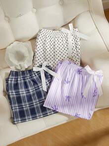 Snug Zone 3件套女士格子、蝴蝶结、波点印花睡衣裤套装，秋冬服装 - 彩色 - 查看 3