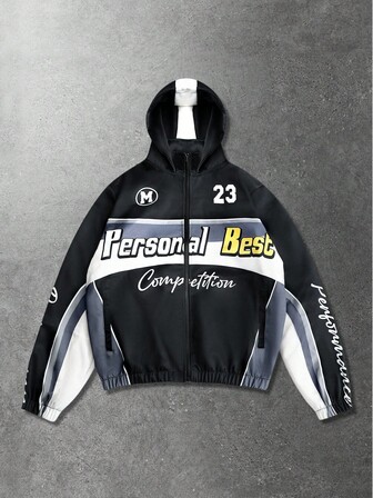 Herren Jacke mit Buchstaben-Muster, Kontrastfarben und Reißverschluss-Kragen mit Kapuze