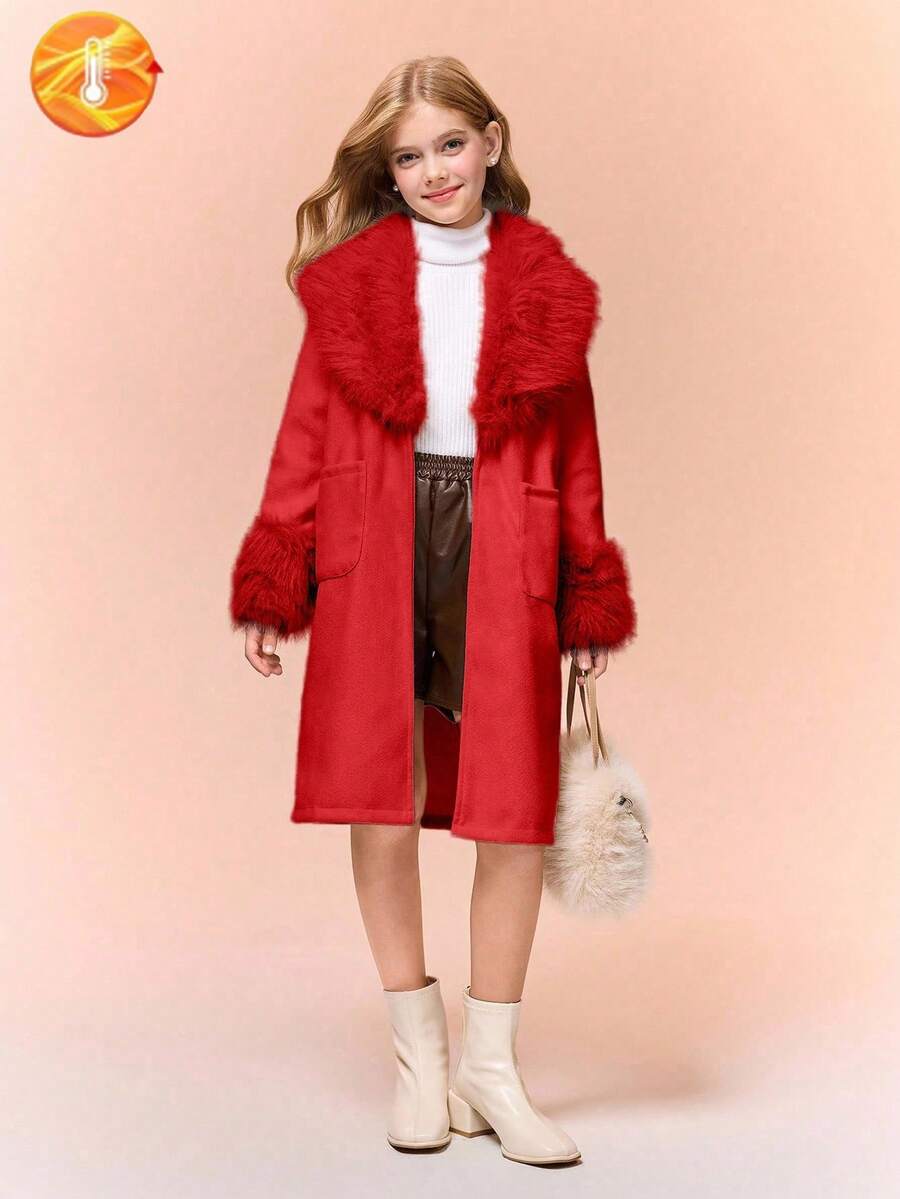 SHEIN 少女休闲简约翻领大衣,带毛领,两个口袋,适合秋冬季外出、通勤、散步、购物,可搭配长袖衫、毛衣、裤子。 - 紅色 - 查看 1