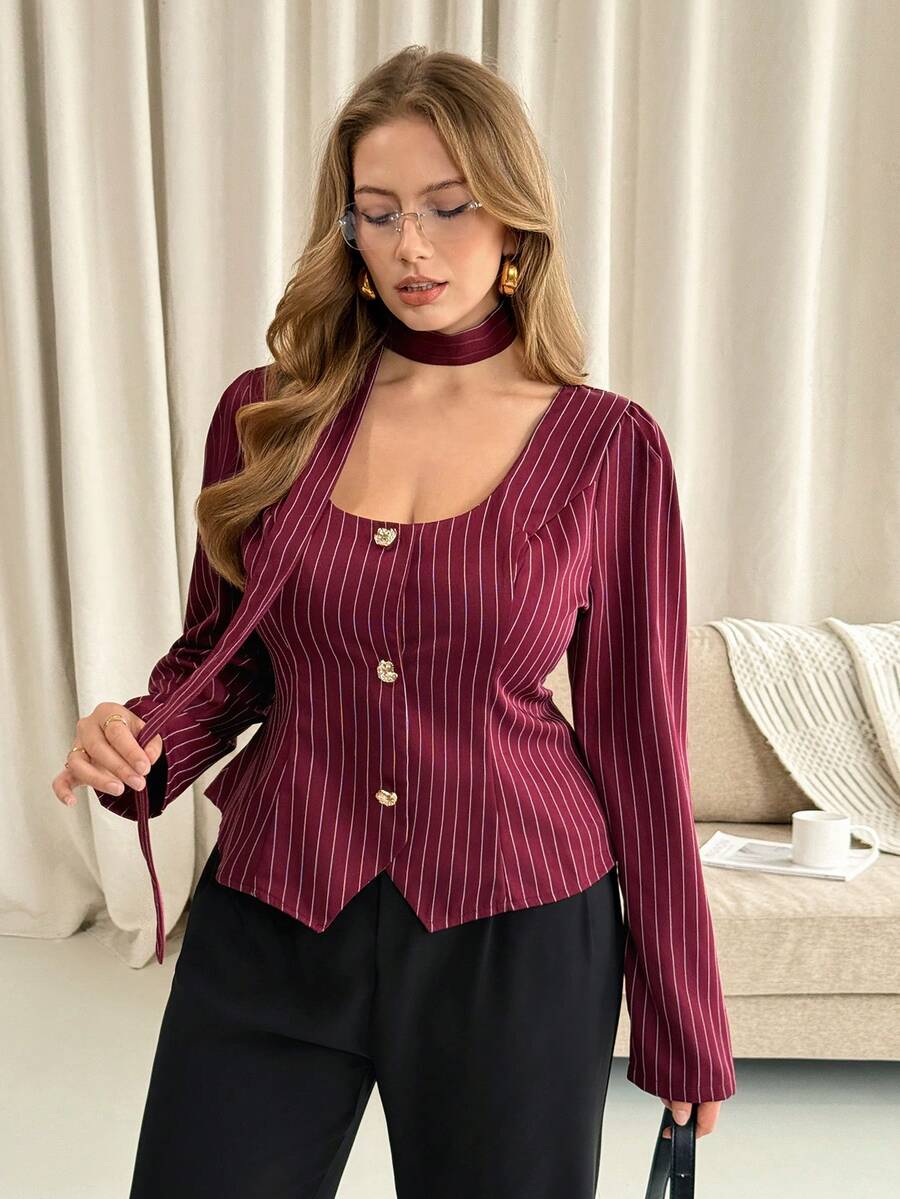 Vionelle 大码女式条纹优雅法式浪漫通勤休闲复古中东风情上衣，适合办公室、街头、下午茶、感恩节等场合，宽松圆领金属纽扣门襟领带泡泡袖长袖衬衫。 - 酒紅色 - 查看 1
