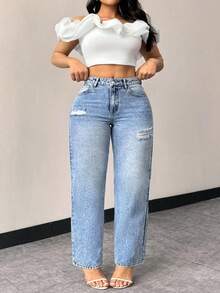 Flexra Quần dài giặt đa năng, họa tiết rách thời trang cỡ lớn dành cho nữ - Rửa nhẹ - Xem 3
