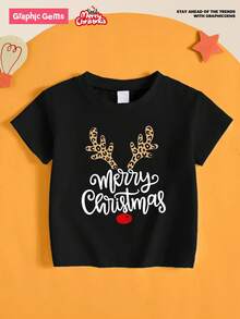 GraphicGems Tween Girls' Christmas Reindeer Horn & Letter Print Casual Loose Crew Neck T-Shirt, Holiday Outfit, Christmas Clothes, Suitable For Christmas Celebration, Black