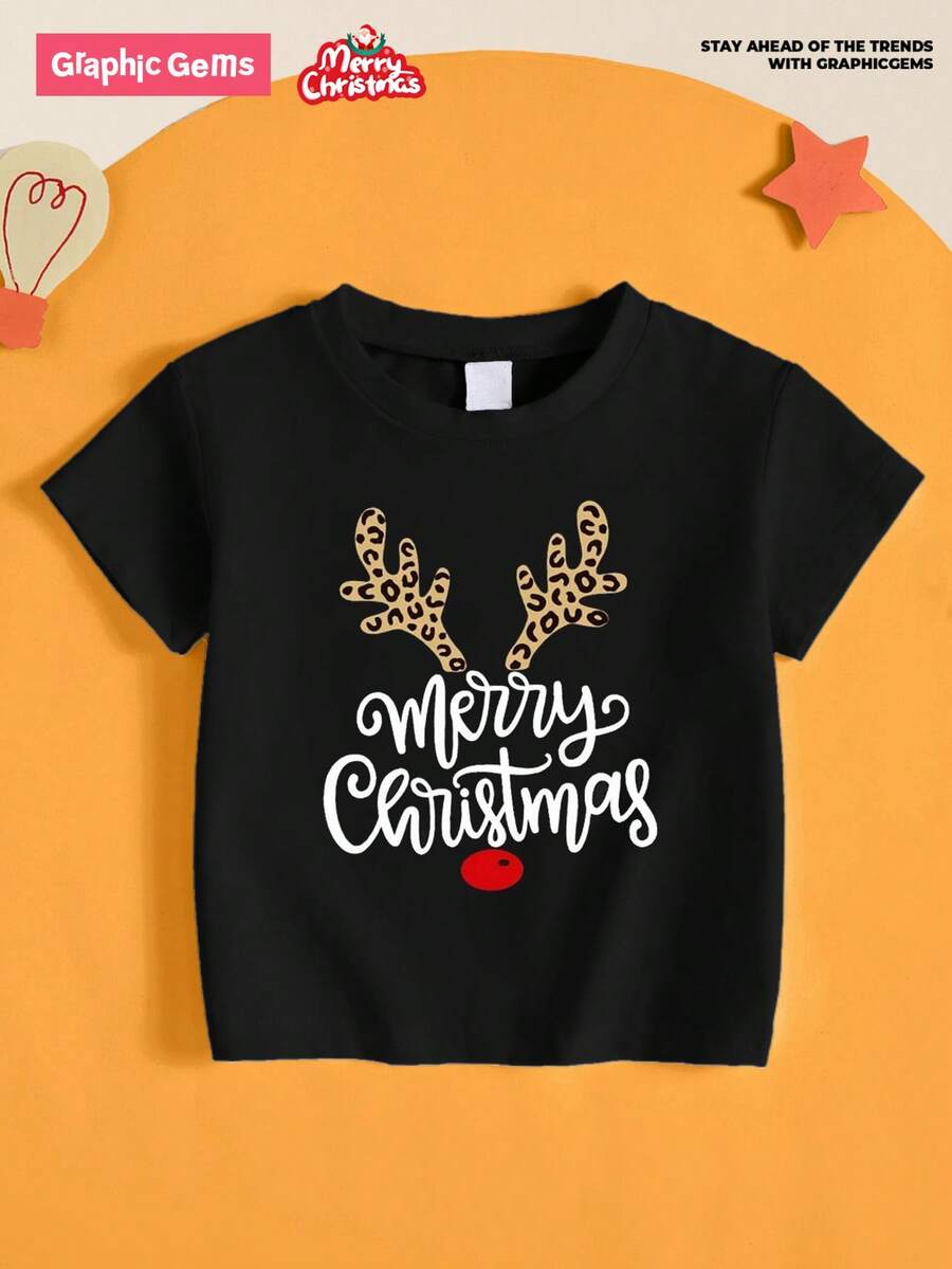 GraphicGems Tween Girls' Christmas Reindeer Horn & Letter Print Casual Loose Crew Neck T-Shirt, Holiday Outfit, Christmas Clothes, Suitable For Christmas Celebration, Black